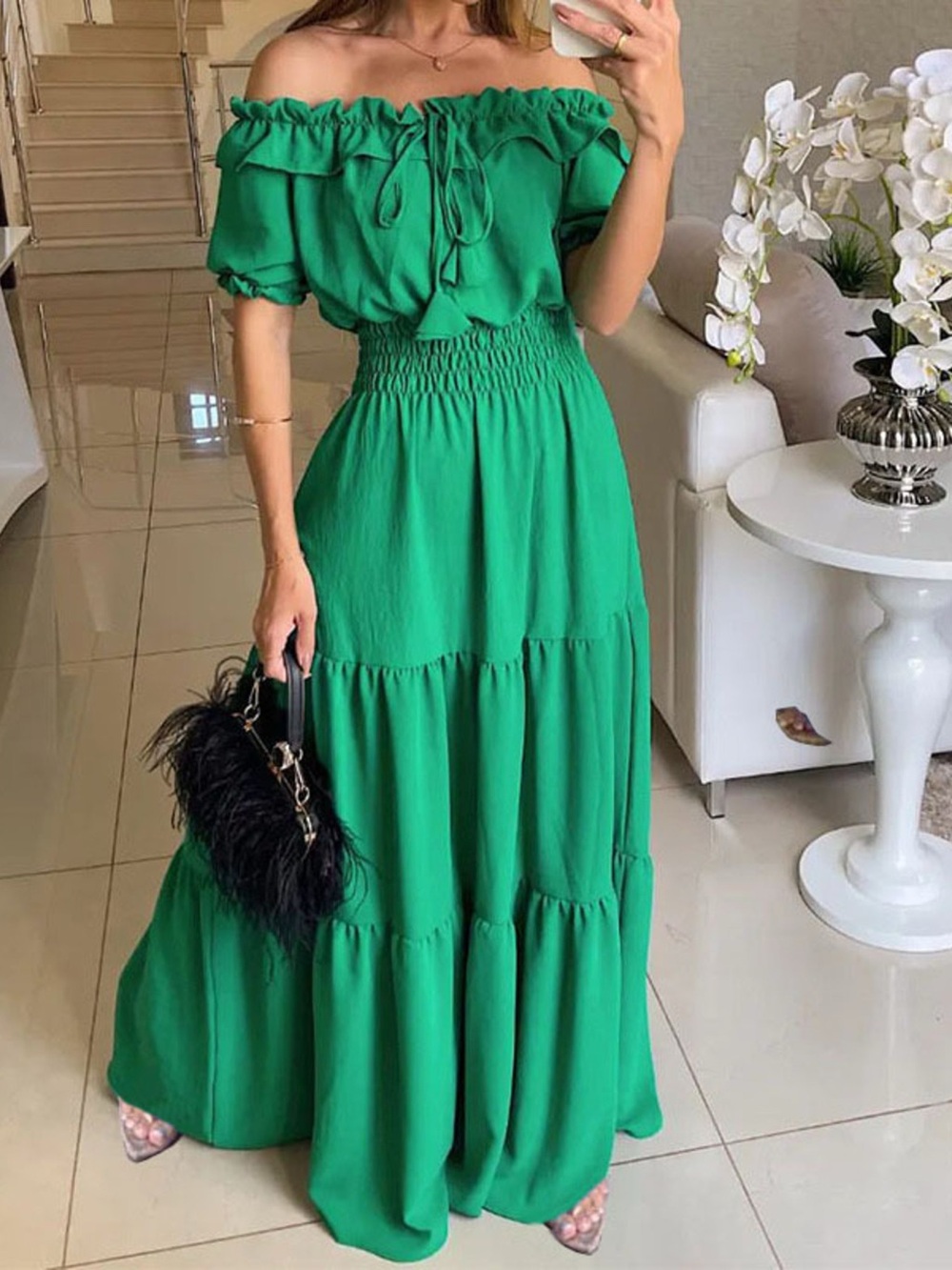 Off-Shoulder Ruffled Tiered Maxi Dress